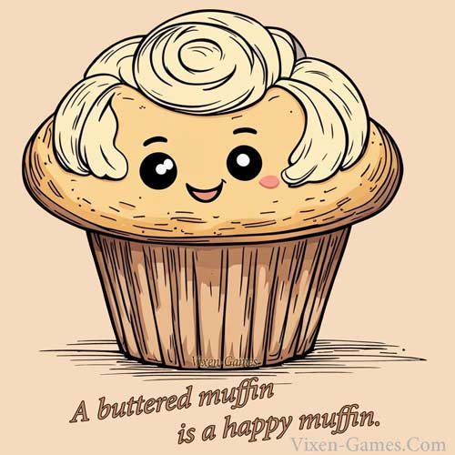 A buttered muffin is a happy muffin. Innuendo muffin T-shirt from Vixen Games